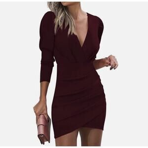 Sarin Mathews Deep V Neck Ruched Long Sleeve Mini Dress Burgandy NWT Size M